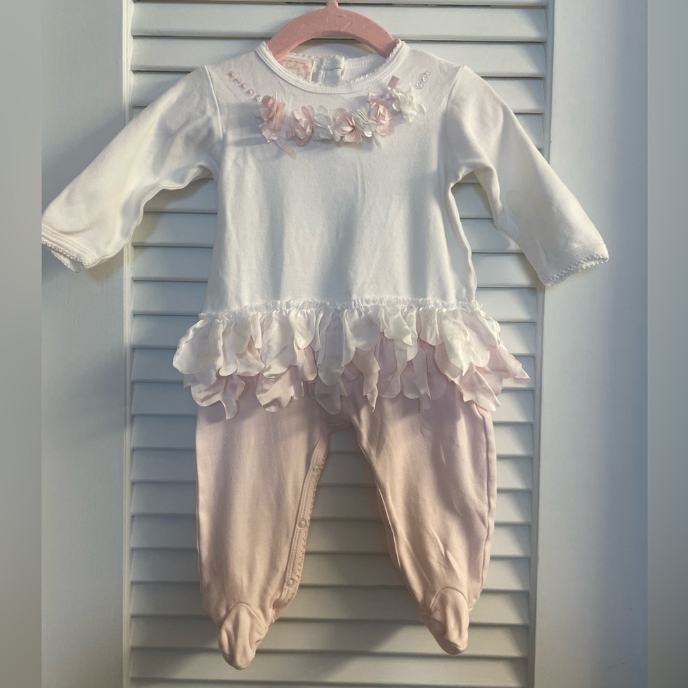 Baby Biscotti Like New Ruffled Footie.Chiffon & Sequin neckline accents. size 6m